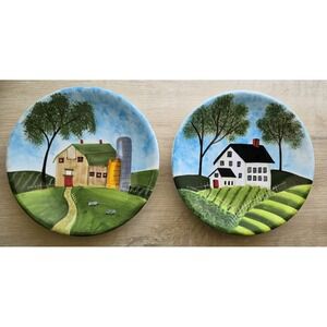Rustic Farmhouse Country Ceramic Plates Set of 2 Hand Painted Style Barn 8 in